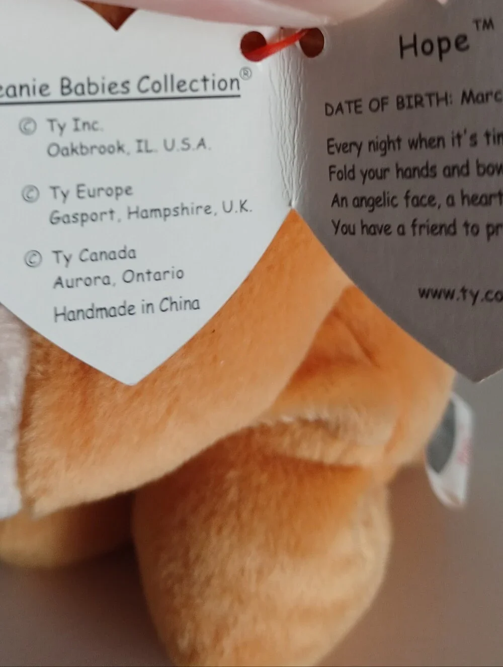 Hope Praying Bear Ty Beanie Baby With 